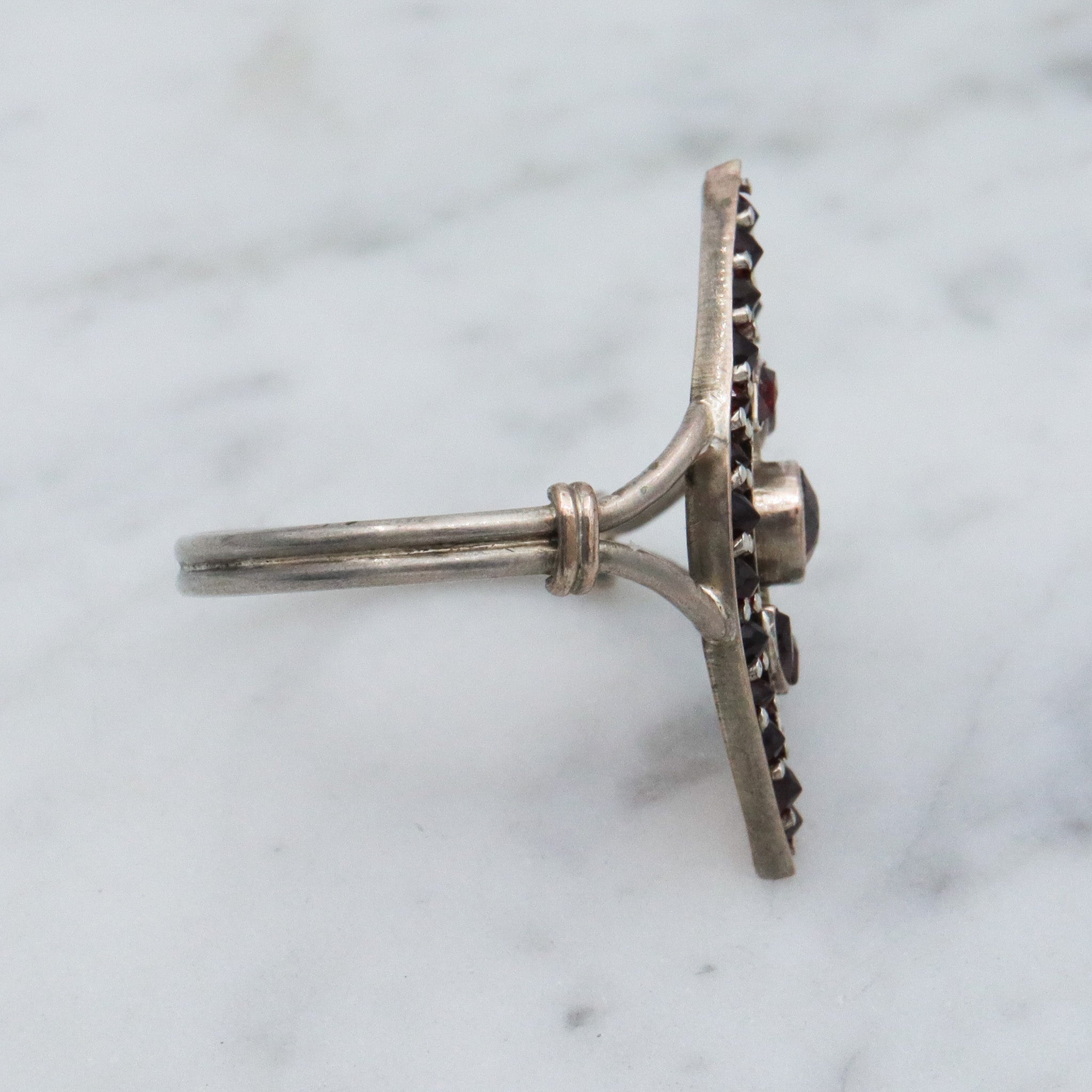 Antique sterling silver Bohemian rose cut garnet navette ring, sz 7.75